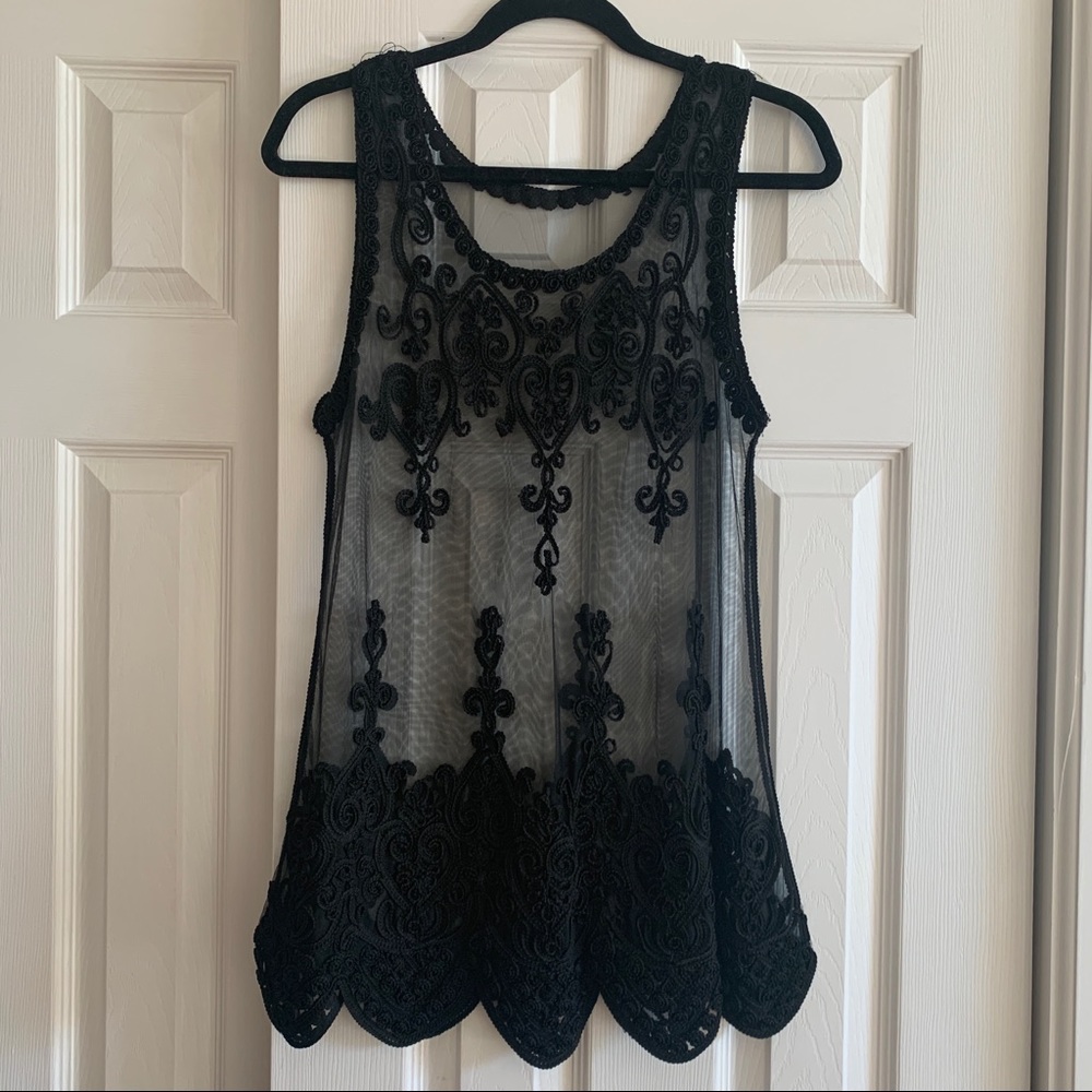 black see through embroidery tank top dress